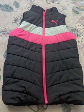 Puma Girls Black Pink and Light Gray Puffer Vest
